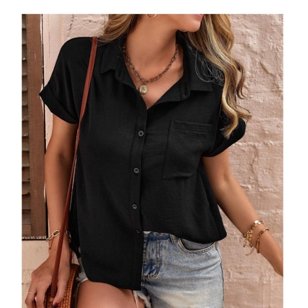 Black Patched Pocket Batwing Sleeve Button-down Shirt XL NWOT